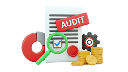 Audit Concept: Document, Magnifying Glass, Coins, Gear, Pie Chart