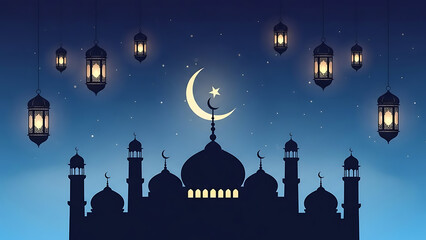 Ramadan night scene with a crescent moon glowing lanterns and a mosque silhouette