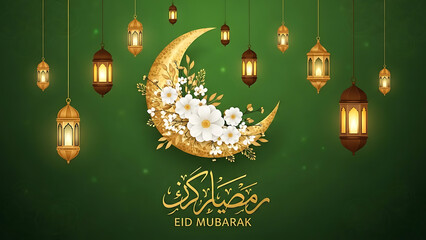 Golden crescent moon with lanterns and floral decorations for eid mubarak