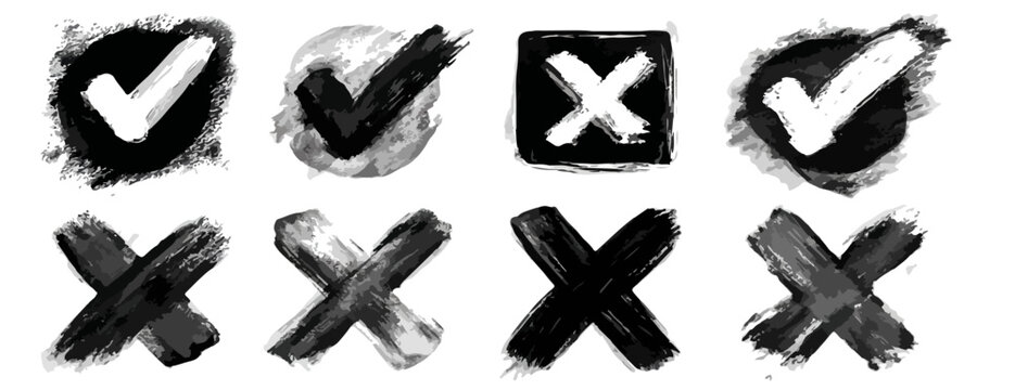 Ensemble d'ic&ocirc;nes de coche et de croix dessin&eacute;es &agrave; la main, avec un style pinceau grunge, parfaites pour des interfaces utilisateur dynamiques et des &eacute;l&eacute;ments graphiques.