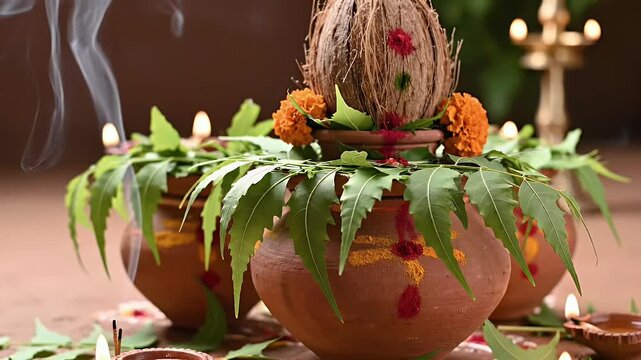 Shitala Mata Puja background with earthen pots and neem leaves for Hindu devotional worship