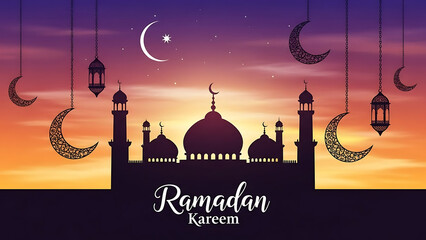 Ramadan kareem illustration featuring a mosque silhouette and crescent moons
