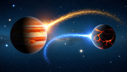 A cosmic dance of planets one fiery one cracked and a stellar stream