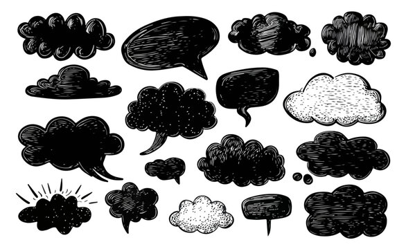 Eine Sammlung handgezeichneter schwarzer Sprechblasen und Gedankenwolken, ideal f&uuml;r transparente Hintergr&uuml;nde und kreative Designs.