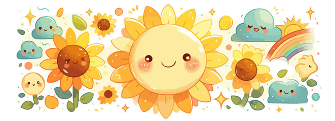 Fototapeta premium Fröhliche Kawaii-Sonnenblumen, lächelnde Sonne und süße Wolken mit Regenbogen auf transparentem Hintergrund, ideal für Kinderdesigns.