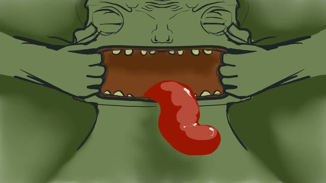 A large frog or reptile has its mouth stretched. The animal sticks out its tongue, playing with the viewer.