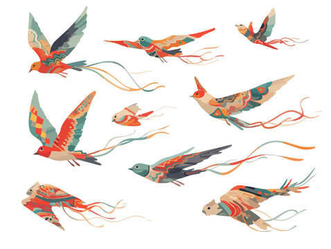 Eine Sammlung von farbenfrohen, stilisierten V&ouml;geln mit langen, flie&szlig;enden Schw&auml;nzen, die anmutig in verschiedenen Posen fliegen, ideal f&uuml;r dekorative Designs.