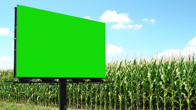 Green screen billboard in a field of corn under a blue sky with clouds