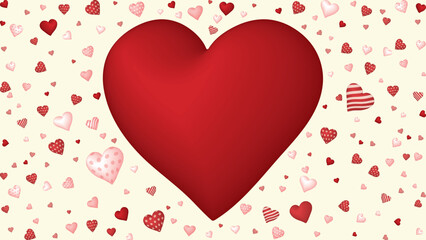 Heart balloons doodle line with many small heart confetti arounded on light cream background