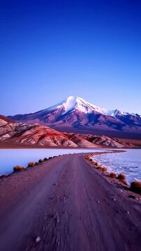澄み切った青空の下、大きな雪を頂いた火山へと続く塩原を横切る未舗装道路。