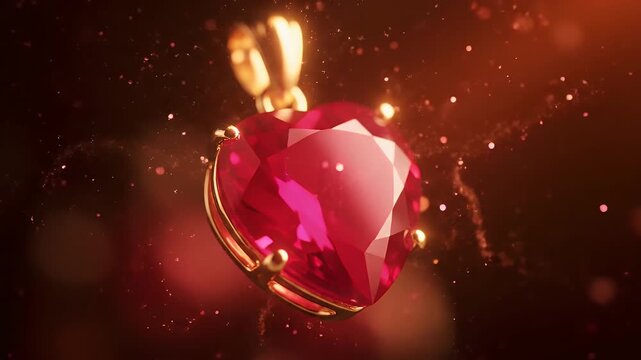 Slow orbiting close-up of enchanted ruby heart pendant with ethereal golden light and drifting magical particles