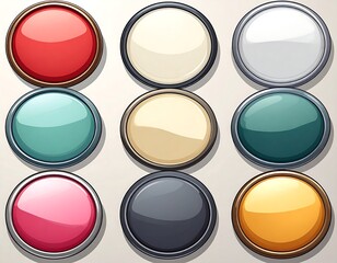 Nine glossy, colored circular buttons with metallic-like edges