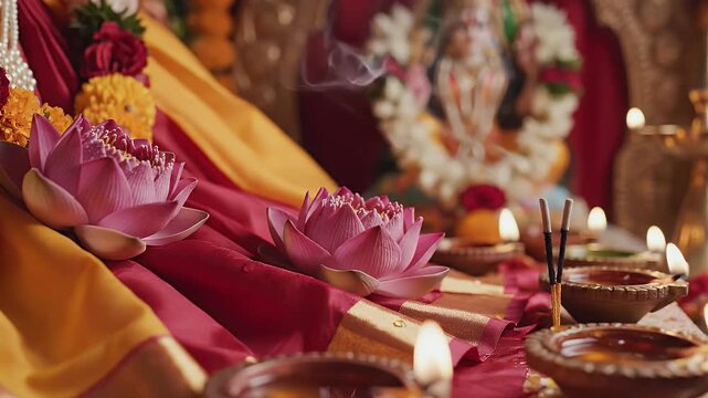 Sita Navami background with lotus and silk fabric arrangement for Hindu devotional celebration