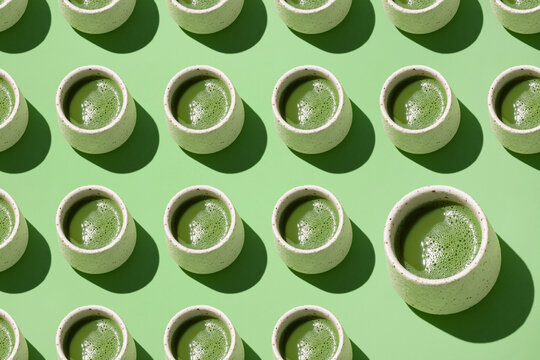 An eye-level view showcases a repeating pattern of matcha tea
