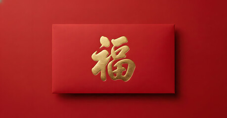 Prosperity Envelope: A festive red envelope prominently features a golden inscription symbolizing good fortune and prosperity, set against a matching background. 