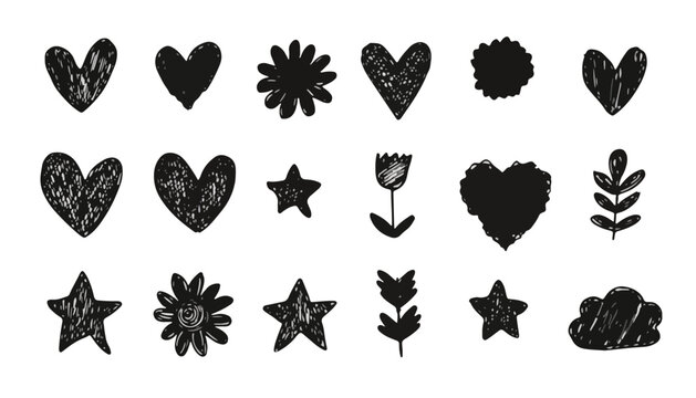 Set von handgezeichneten, transparenten Grunge-Doodle-Formen in Schwarz-Wei&szlig;, darunter Herzen, Sterne, Blumen und Bl&auml;tter, ideal f&uuml;r kreative Designprojekte.