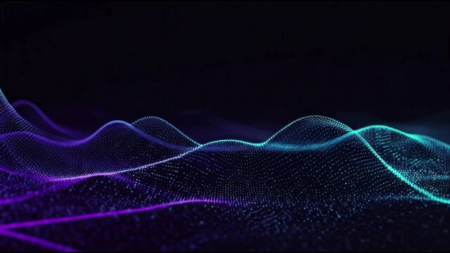 Glowing purple and blue neon wave lines on a dark background with a futuristic and technological mood.
