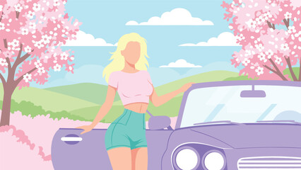 Flat vector illustration of a woman on a spring road trip, travel lifestyle scene with car, blooming trees, and freedom themed seasonal adventure © meeblues