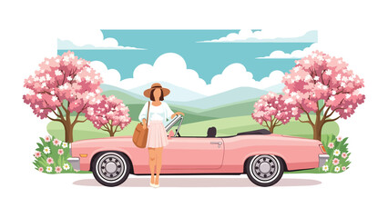 Flat vector illustration of a woman on a spring road trip, travel lifestyle scene with car, blooming trees, and freedom themed seasonal adventure