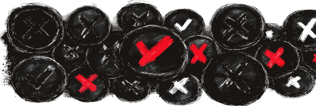 Transparente, handgezeichnete schwarze Kn&ouml;pfe mit roten und wei&szlig;en H&auml;kchen sowie Kreuzen symbolisieren Entscheidungen und Feedback f&uuml;r digitale Schnittstellen.