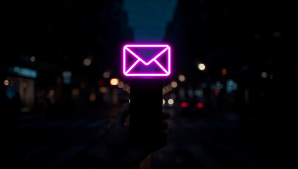 Neon email icon above smartphone in dim city street lights