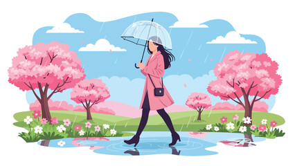 Flat vector illustration of a woman enjoying spring rain with an umbrella, cheerful lifestyle scene with flowers, puddles, and seasonal weather mood