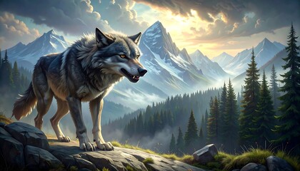 A fierce wolf stands proudly on a rocky outcrop, surveying a breathtaking mountain landscape at sunrise