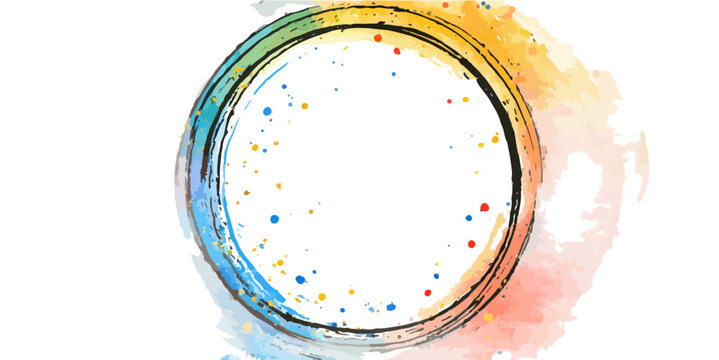 Aquarell-Kreisrahmen mit bunten Farbspritzern und vielseitigem Leerraum f&uuml;r kreative Designs und Botschaften.