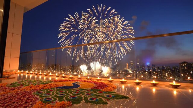 Night rooftop terrace with string lights, a floral carpet, and fireworks over the city skyline glow