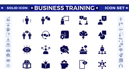 Fototapeta premium Business training solid icons collection. Workshop, lecture, and education icons. UI icon set. Interpersonal skills, confidence, problem-solving, and communication are solid icons.