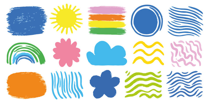 Collection d'&eacute;l&eacute;ments de design abstraits et color&eacute;s, dessin&eacute;s &agrave; la main, comprenant formes, motifs et textures pour des cr&eacute;ations ludiques et cr&eacute;atives.