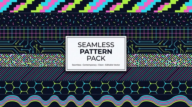 A vibrant collection of seamless patterns in a variety of geometric designs and bright colors