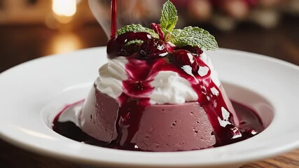 A mouth-watering, elegant dessert is beautifully presented as a rich, dark red berry sauce is drizzled generously over its creamy surface. The luscious, dome-shaped dessert, possibly a panna cotta or 