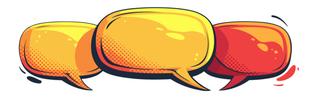 Bulles de dialogue color&eacute;es au style bande dessin&eacute;e, repr&eacute;sentant la communication et les messages sur fond transparent.
