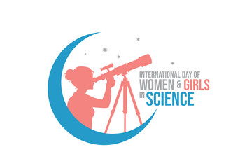 Vector illustration of a woman silhouette using a telescope inside a crescent moon, celebrating International Day of Women and Girls in Science, flat design, isolated on white background.