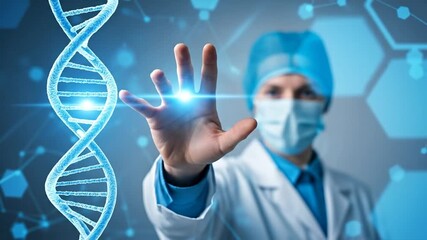 The Genetic Blueprint: A dedicated scientist reaches out to touch a vibrant, three-dimensional representation of a DNA double helix. This image encapsulates the spirit of scientific discovery. - Powered by Adobe