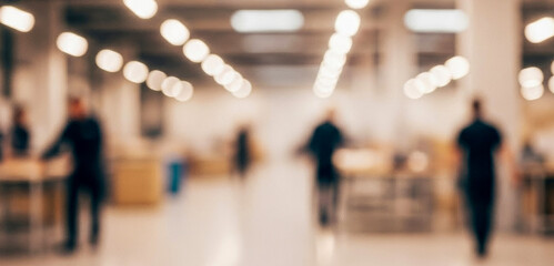 Soft focus image of a modern workspace showcasing people engaged in activities. Bright lights illuminate the environment, creating a professional and dynamic atmosphere.