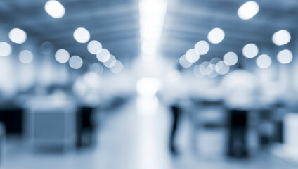 Industrial workspace featuring blurred figures and soft lighting, creating a sense of busyness and energy. Modern environment showcases a collaborative atmosphere.