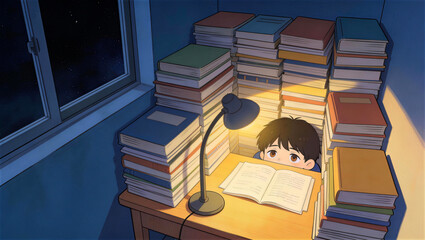 A student overwhelmed by books.