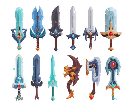 Vibrante colecci&oacute;n de espadas, hachas y armas de fantas&iacute;a con dise&ntilde;os &uacute;nicos y elementos m&aacute;gicos, ideal para videojuegos y proyectos con fondo transparente.