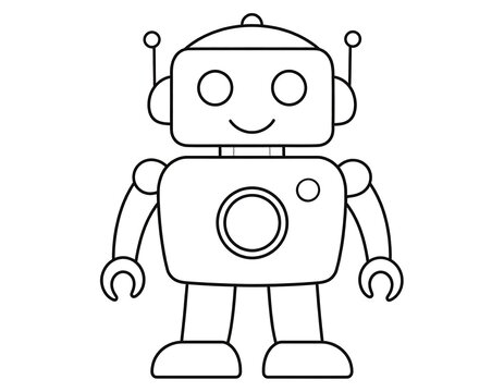 A simple, cartoon-style depiction of a friendly robot in black and white, featuring a rectangular body, round eyes, and antenna