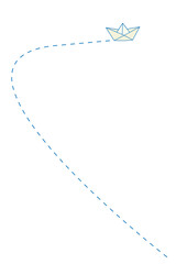 A simple vector illustration of a blue origami sea boat with dashed water routes, representing travel concepts, ocean journeys, exploration spirit, freedom, and playful nautical adventure ideas.