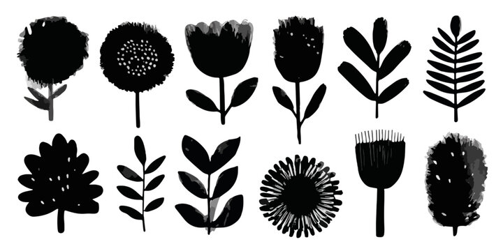 Colecci&oacute;n vectorial de siluetas de plantas, flores y hojas dibujadas a mano con textura, en un estilo escandinavo moderno y transparente.