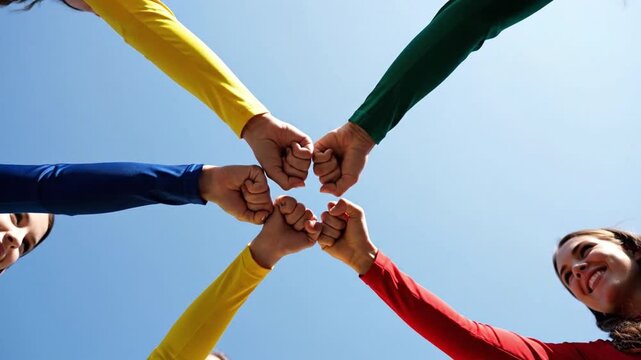Hands in Harmony: A vibrant display of unity and solidarity, as a diverse group of individuals comes together in a symbol of teamwork, camaraderie, and shared purpose against a backdrop of a clear.