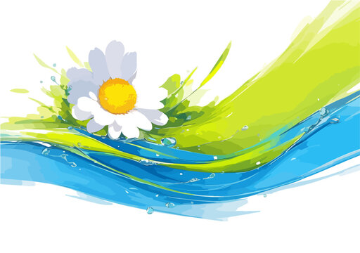 Illustrazione vettoriale di una margherita bianca su sfondo astratto con onde acquerello verdi e blu, evocando freschezza e natura primaverile.