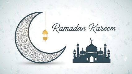 Ramadan kareem greeting with crescent moon lantern and mosque illustration