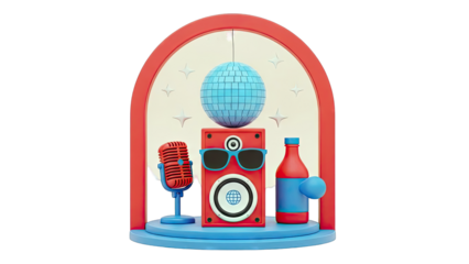 Retro Party Scene with Microphone, Speaker, Disco Ball, and Drink