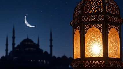 A glowing lantern crescent moon and mosque silhouetted against a starry night