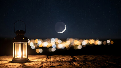 A glowing lantern illuminates a starry night with a crescent moon