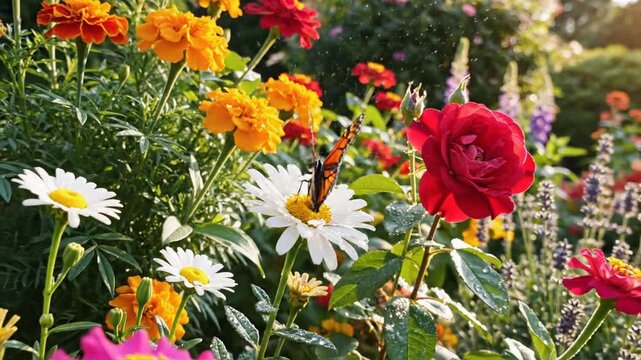 Sunlit garden bed bursting with orange marigolds, white daisies, roses, and purple blooms. Brightly
